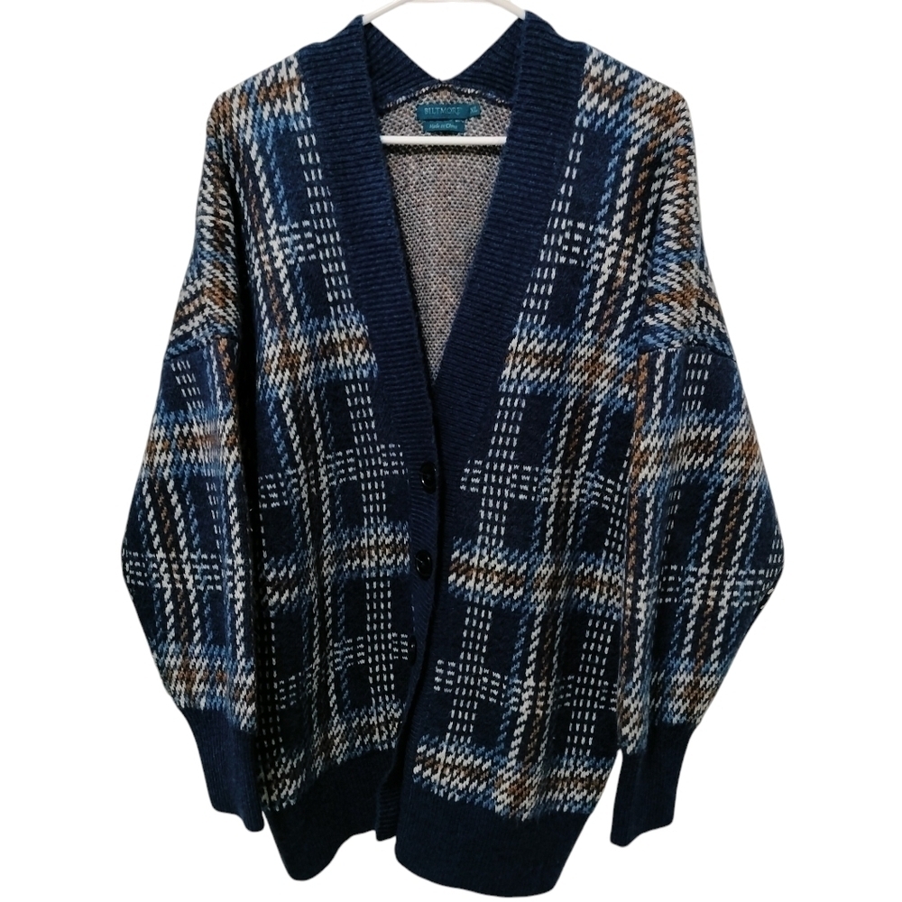 Biltmore Plaid Pleat Back Open Front Cardigan Women's XL Navy Blue Oversized